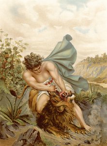 Samson zabíjí lva (barevné litho)