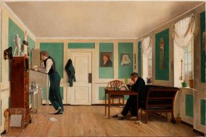 Interiér z Amaliegade, stojící kapitán Carl Ludvig Bendz a sedící Dr. Jacob Christian Bendz od Wilhelm Ferdinand Bendz