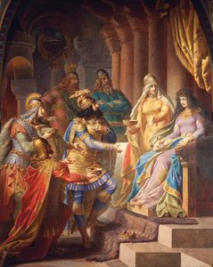 Gudrun souhlasí se svatbou s Attilou, králem Hunů, ze ságy Gudrun, Upper Hall, cca 1883-84 (nástěnná malba)