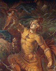 Sigurd zabíjející draka Fafuira držením Gramova meče, detail, ze ságy Sigurd, Lower Hall, cca 1882-83 (nástěnná malba) (viz také 419035)
