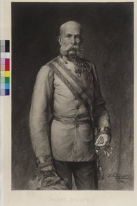 František Josef I. ve slavnostní uniformě polního maršála, slavnostní klobouk v hřebenu od Wilhelm Hecht