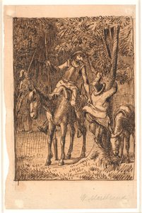 Před bojem se Zrcadlovým rytířem pomáhá Don Quijote Sanchovi Panzovi na strom od Wilhelm Marstrand