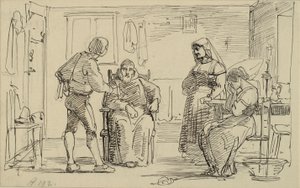 Interiér, kde mladý muž něco vysvětluje sedícímu mnichovi, tzn. plačící dívka a stará žena od Wilhelm Marstrand