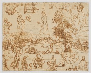 Landschaft mit Pferdewagen und zahlreichen Figurenskizzen