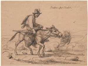 „Snaha o ideál“. Italský jezdec na oslu pohání zvíře vpřed tím, že mu k tlamě přidrží na tyči proužek sena od Wilhelm Marstrand