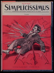 Karikatura Leona Trockého (1879-1940) pod útokem, z časopisu „Simplicisissimus“, říjen 1928 (barevné lito)