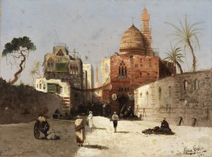 Čeština: Orientální pouliční scéna s mešitou, minaretem a obchodníky na nádvoří. od Wilhelm Sohn