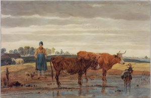 Farmářova žena s pasoucím se dobytkem u vody od Wilhelm von Kobell