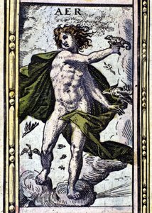 Vzduch, jeden ze čtyř prvků zastoupených v Atlasu W. Blaeu vytištěném v Amsterdamu v roce 1655.