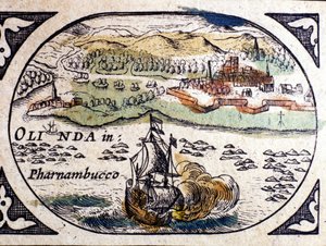 Brazílie, pohled na Pernambuco (Recife), Atlas W. G. Blaeu, Amsterdam 1600. od Willem Blaeu