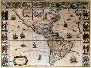 Zeměpisná mapa Ameriky. V „“Le Theatre du monde ou le nouvel atlas Amsterdam”” produkoval Willem Janszoon Blaeu (1571-1638)