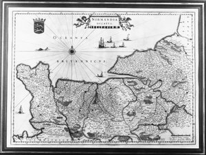 Mapa Normandie podle ilustrace z Theatrum Orbis Terrarum nebo Atlas Novus od Willema a Joan Blaeuových, deska představující Normandie Ducatus
