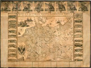 Nová a přesná ilustrace Německa jako celku od Willema Janszoona Blaeu, mědirytina, vytištěno v Amsterdamu od Willem Blaeu