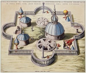 Stelleburgum sive Observatorium Subterraeum, podzemní astronomická observatoř ve Stjerneborgu (Hvězdný hrad), navržený Tycho Brahe (1546-1601) na ostrově Hven, Dánsko, kresba Willem Blaeu, asi 1595.