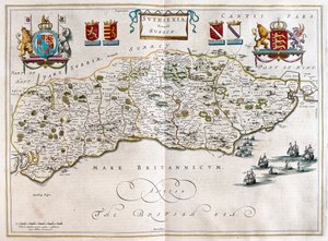 Sussex, v "Theatrum Orbis Terrarum, sive Atlas Novus" Willema Blaeua, Amsterdam od Willem Blaeu