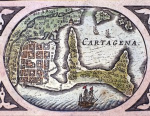 Pohled na Cartagenu v Kolumbii (Jižní Amerika). Detail mapy Atlasu “”Le Theater du Monde”” Willem Janszoon Blaeu (1571-1638) od Willem Blaeu