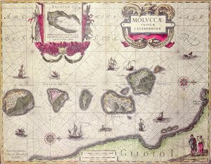 Mapa Moluckého ostrova, vyryla Jodocus Hondius, 1630 (barevná rytina)