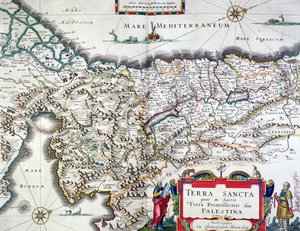 Mapa Svaté země, vydaná v Amsterdamu, 1629 (barevná rytina)
