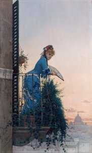 Elegantní kráska na balkóně s výhledem na Řím, s Dómem svatého Petra v dálce od Willem Johannes Martens