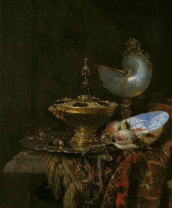 Pronk Zátiší s miskou Holbein, pohárem Nautilus, skleněným pohárem a miskou na ovoce