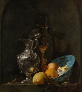 Zátiší se stříbrným džbánem a porcelánovou mísou