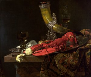 Zátiší s rohem na pití z cechu lukostřelců svatého Šebestiána, humr a brýle, kolem 1653 (olej na plátně)