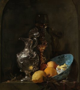 Zátiší se stříbrným džbánem a porcelánovou miskou. 1655-60