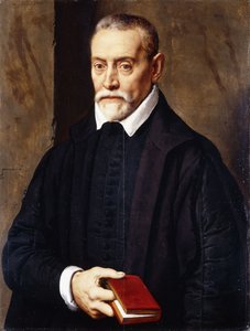 Portrét akademika, polodlouhého, v černém kostýmu, držícího knihu, od Willem Key