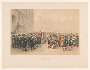 Třetí skupina Utrechtské maškarády v roce 1856 Vláda (název na objektu) Naše vlast asi v polovině 17. století, navržená H.H. studenti, členové Mutua Fides, na oslavu 220. výročí Utrechtsche Hoogeschool, 25. června