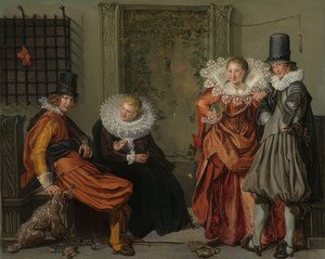 Elegantní pár se navzájem dvoří. Kolem 1616-20