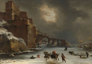 Městské hradby v zimě, cca 1650-70 (olej na plátně)