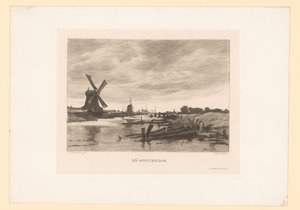 Krajina s větrnými mlýny podél kanálu Blízko Amsterdamu (název na objektu) od Willem Steelink (II)