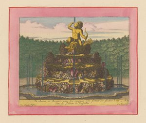 Brunnen mit einer Statue eines Putto mit Bogen in der Hand, sitzend auf einem Delfin od Willem Swidde