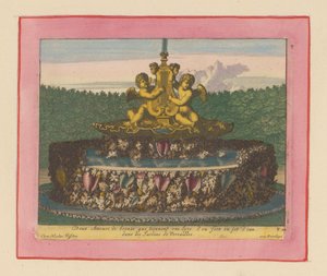 Brunnen mit einer Statue von zwei geflügelten Putti, die eine Leier tragen od Willem Swidde