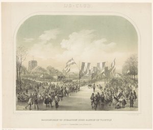 soutěž v bruslení Lední klub / Rychlobruslení mužů a žen konané v Leeuwardenu dne 22. února 1855 (název na předmětu) od Willem Troost (II)