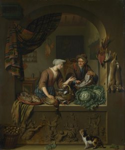 Žena a prodavač ryb v kuchyni, 1713