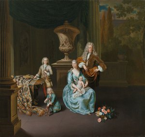 Diederik Baron van Leyden van Vlaardingen (1695-1764). purkmistr z Leidenu se svou manželkou Sophií Dinou de Rovere a jejich syny Pieterem, Janem a Adriaanem Pompejovými