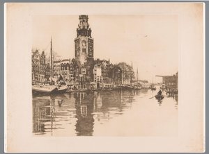 Pohled na Montelbaanstoren v Amsterdamu Old Schans s Montelbaanstorenem a veslicí (původní název) od Willem Arnoldus Witsen