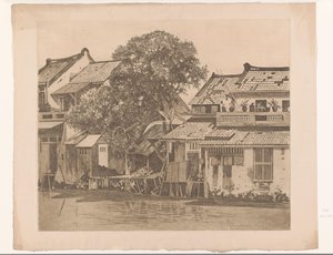 Pohled na domy na řece v Batavia Domy na kali. Stromy mezi domy, Batavia (původní název) od Willem Arnoldus Witsen