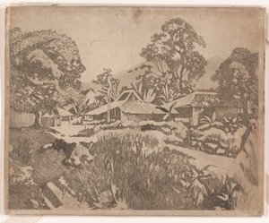 Domy v kampong se sopkami Salak a Gedeh v pozadí, Buitenzorg od Willem Arnoldus Witsen