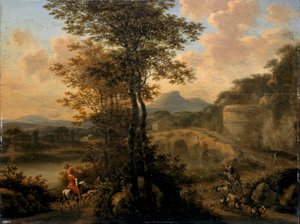 Italská říční krajina s kamenným mostem, 1650
