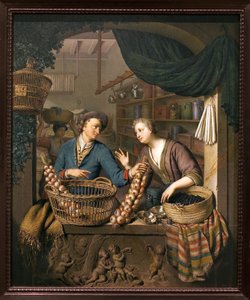 Prodejce cibule. Obraz Willem van Mieris (1662-1747), olej na dřevě