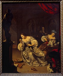 Ženy nizozemské šlechty berou čaj. Obraz Willema van Mierise (1662-1747) (ek.holl.) 18. století Sun. 0,42x0,34 m