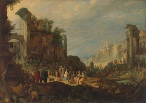 Cestovatelé mezi římskými ruinami s Rebeccou a Eliezerem u Studny od Willem van Nieulandt (II) (attributed to)