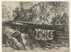 Horská krajina s dřevěným akvaduktem Italské krajiny (název série) od Willem van Nieulandt (II)