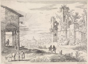 Krajina s milosrdným Samaritánem v hostinci Italské krajiny (název série) od Willem van Nieulandt (II)