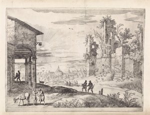 Krajina s milosrdným Samaritánem v hostinci Italské krajiny (název série) od Willem van Nieulandt (II)