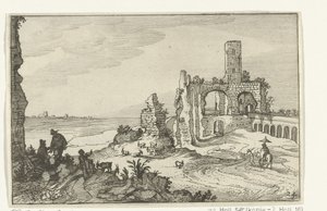 Zřícenina s oblouky a věží na vodě Římské ruiny a pobřežní krajiny (série 1) (název série) od Willem van Nieulandt (II)