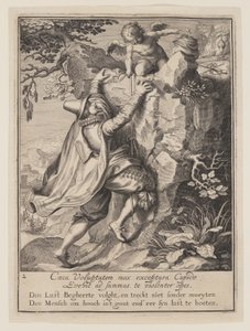 Mladík šplhající po svahu za pomoci Amora z Alegorie o zneužití světského majetku od Willem van Swanenburgh