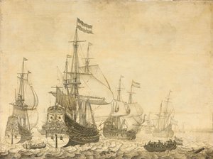 Přímořská krajina s nizozemskými válečnými muži včetně Drenthe a prince Fredericka-Henryho od Willem van de Velde (I)